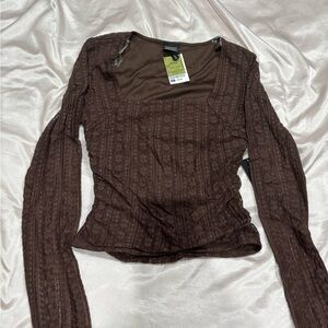 Brown Lace-Texture Long Sleeve Scoop Neck Top